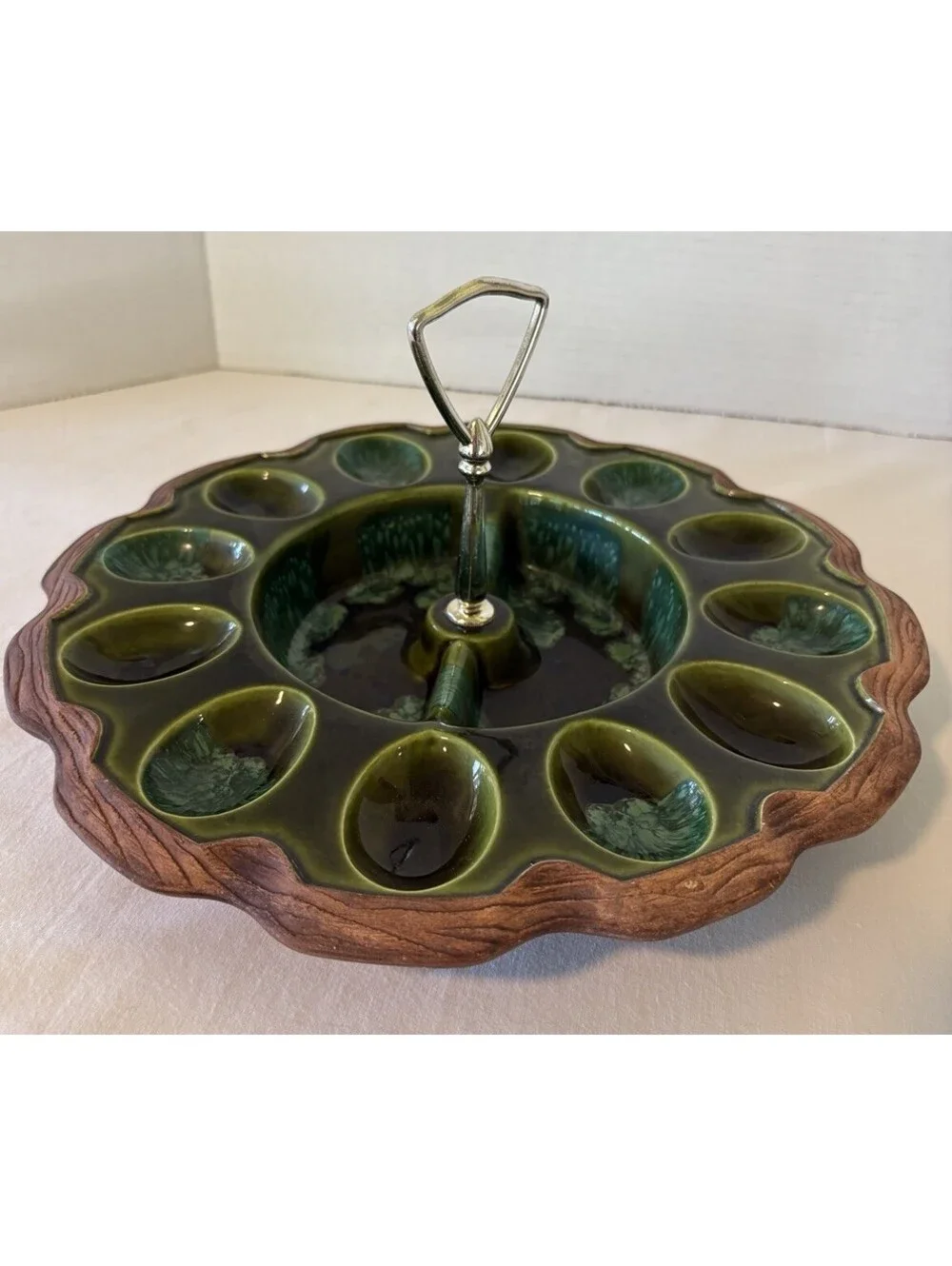 Treasure Craft Ceramic Deviled Egg Relish Tray Green Drip Faux Wood